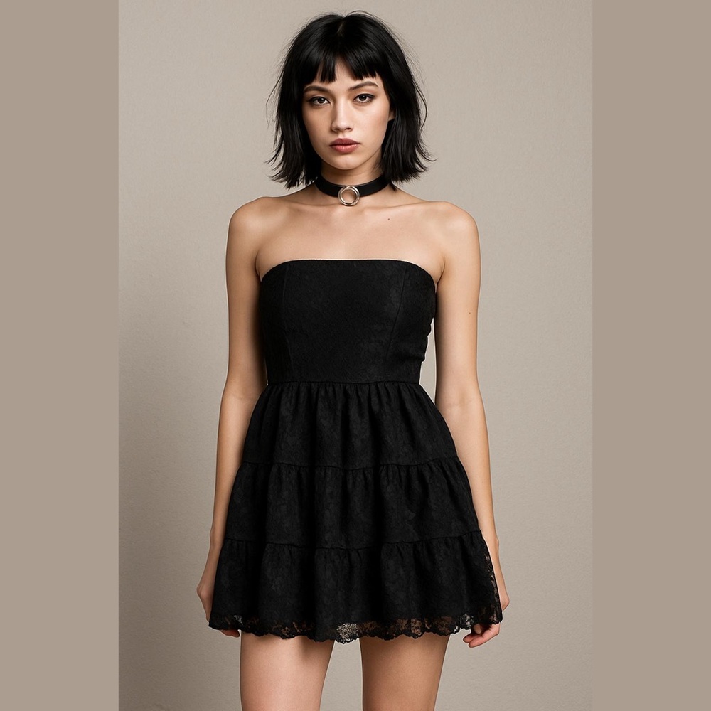 Women’s Black Strapless Ruffle Floral Mini Dress M Y2K Grunge Whimsigoth Witchy